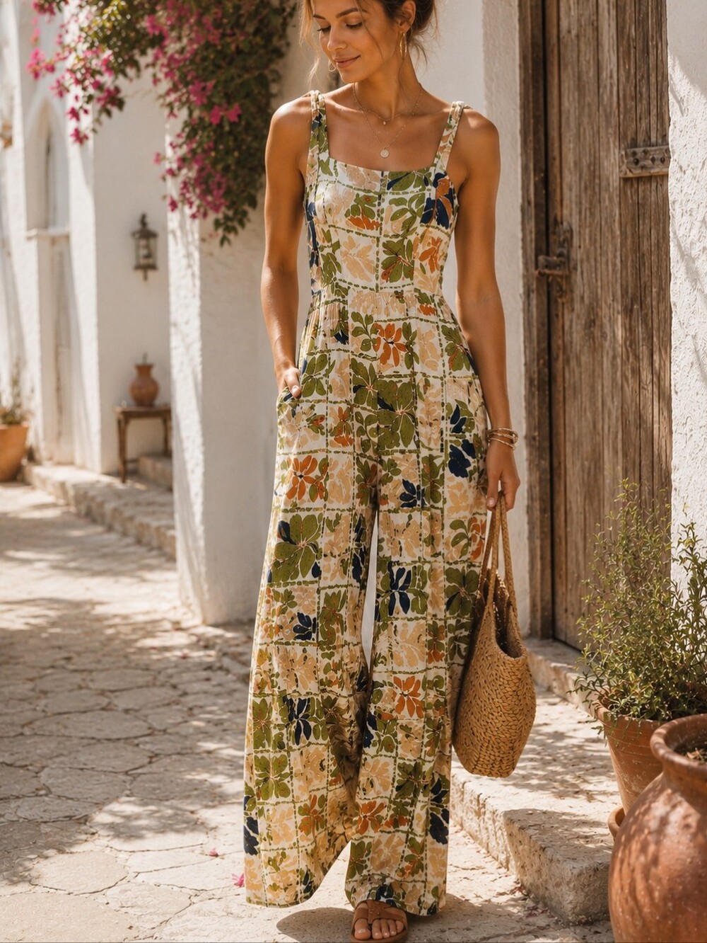244.Luxology Floral Wide-Leg Rayon Jumpsuit With Pockets — Green Multi